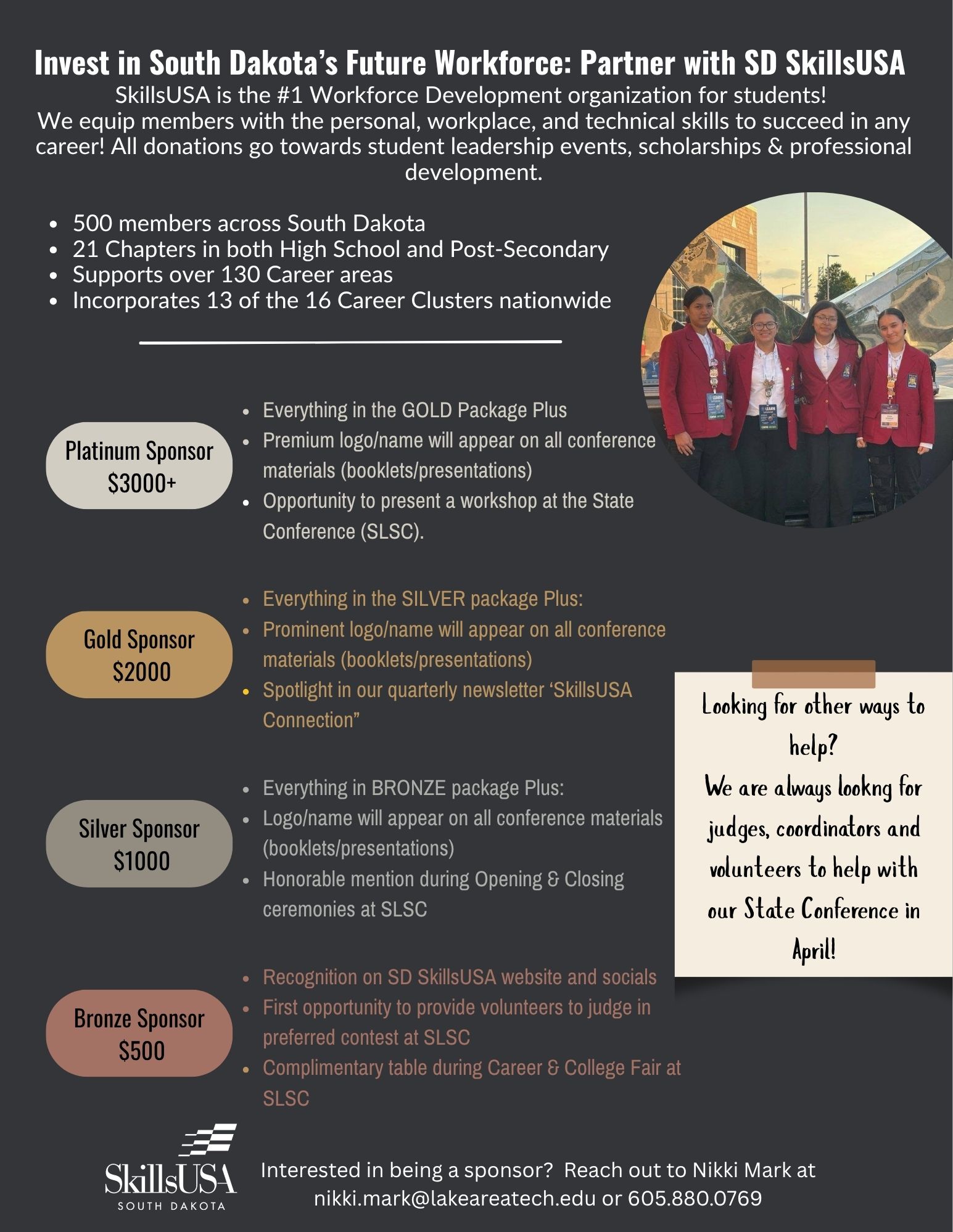 South Dakota SkillsUSA 2026-27 sponsorship opportunities flyer with Platinum, Gold, Silver, and Bronze sponsor packages