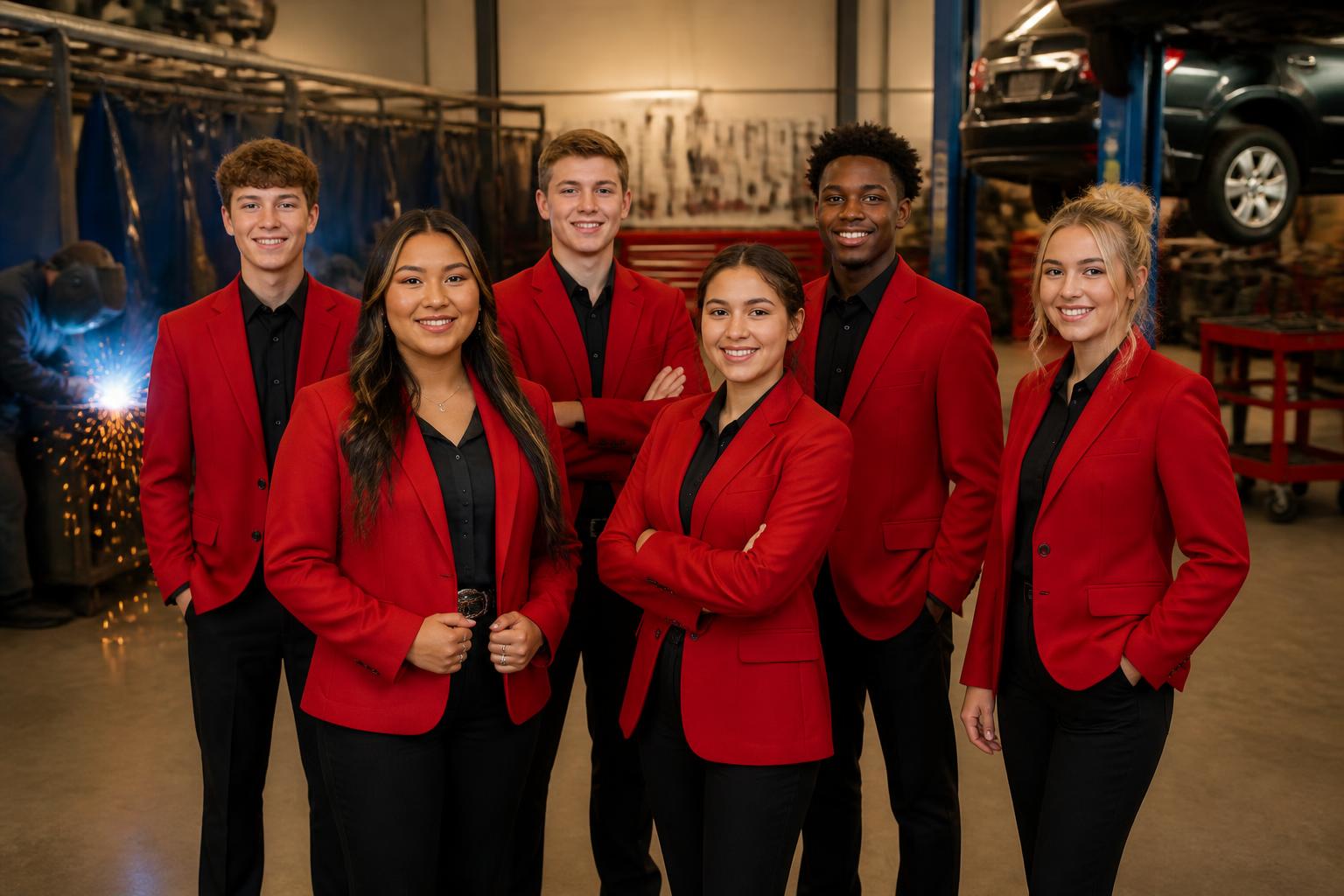 South Dakota SkillsUSA students in red blazers inside a career and technical education shop in Watertown, SD